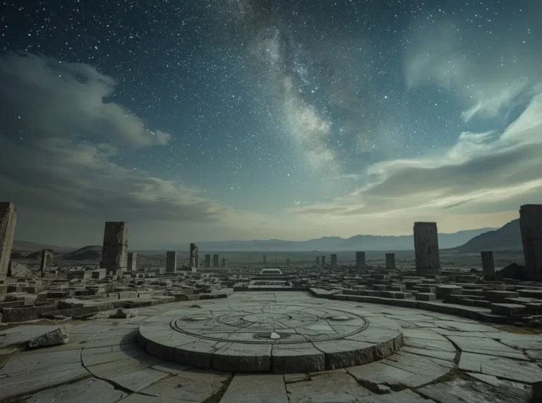 Dark celestial ruins under a star-filled sky