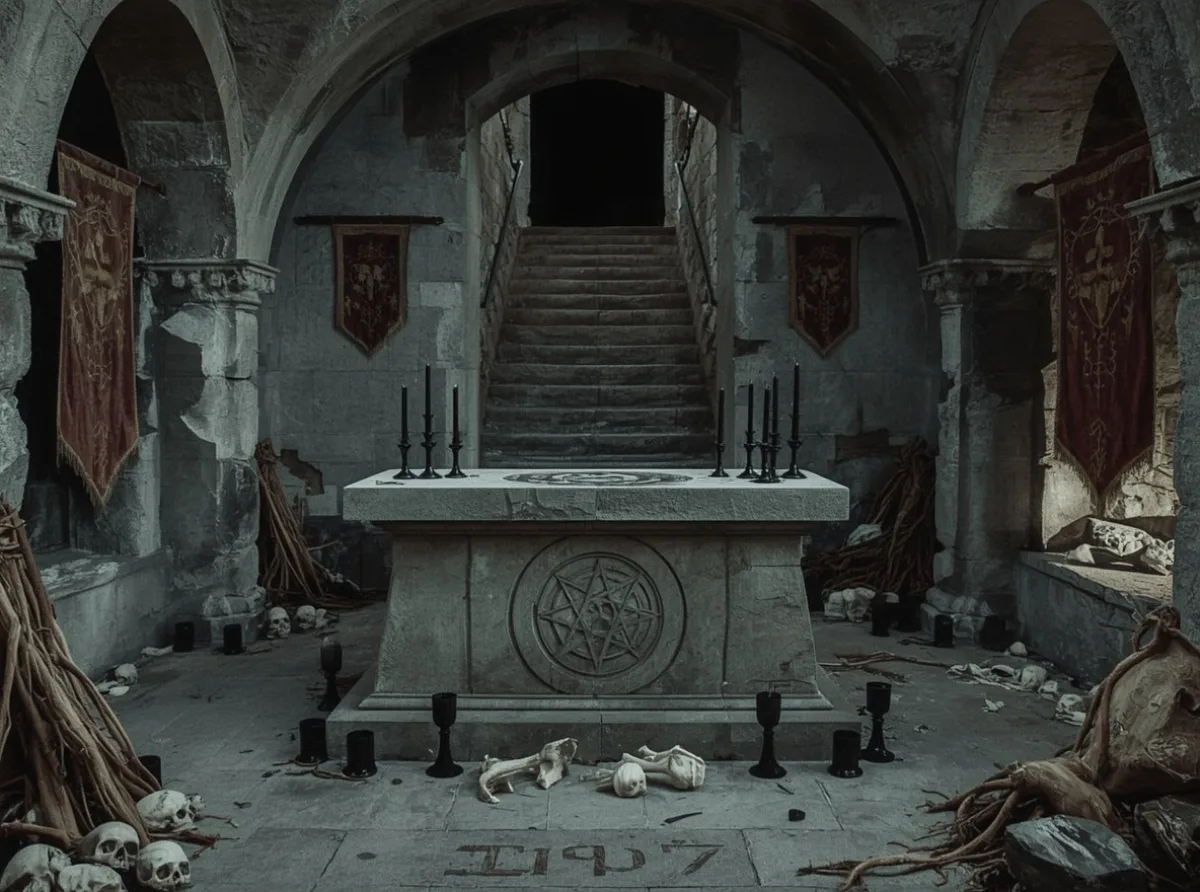 Ancient sigil on stone with black candles