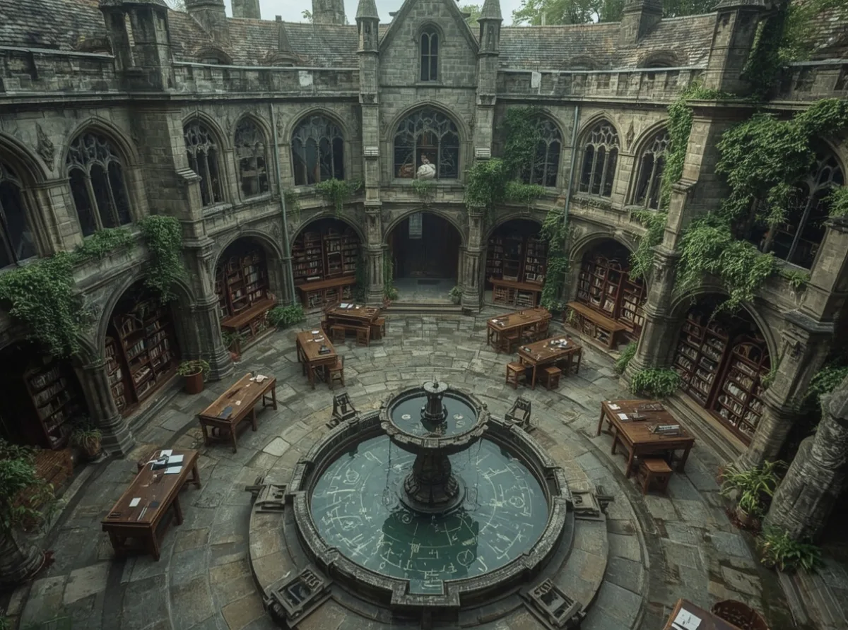 Ancient magical academy courtyard
