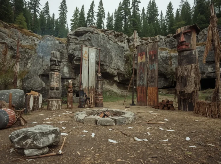 Ancient stone totems beside carved clan banners