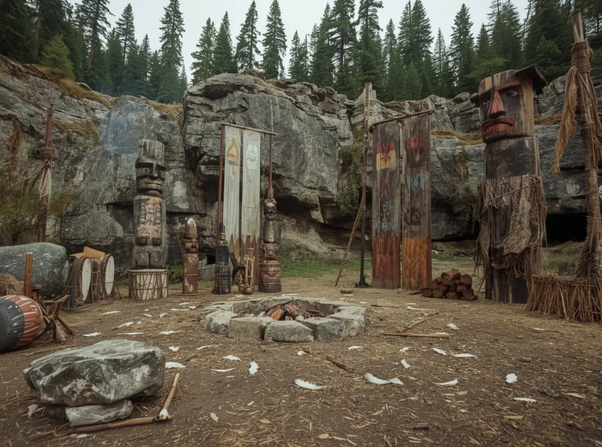 Ancient stone totems beside carved clan banners