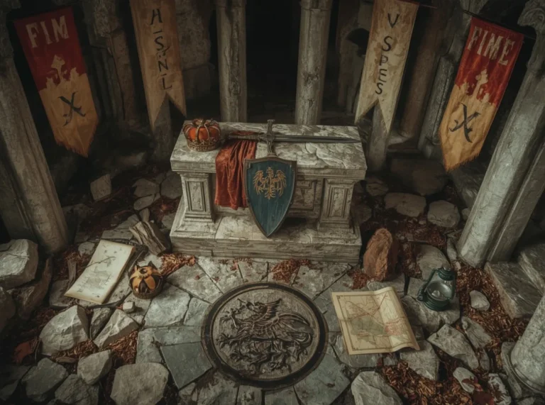 Ancient sword and crown on a stone altar