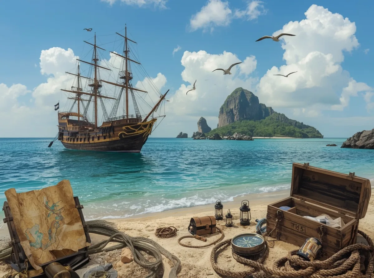 Fantasy pirate ship near a hidden island