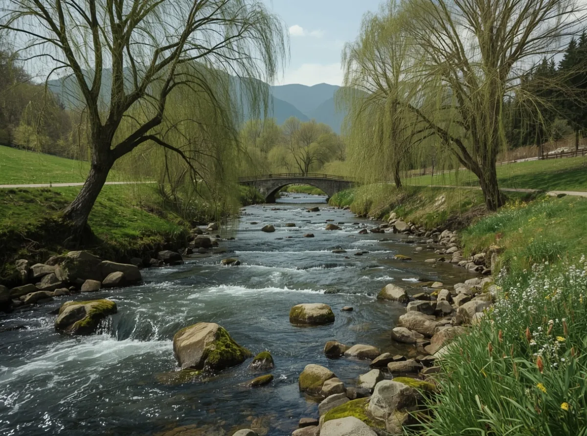 Elegant fantasy river winding through quiet valley