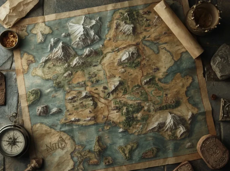 Misty fantasy map with ancient ruins